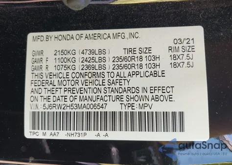 2021 Honda Cr-V Awd Ex z USA, uszkodzony, nr VIN 5J6RW2H53MA006547